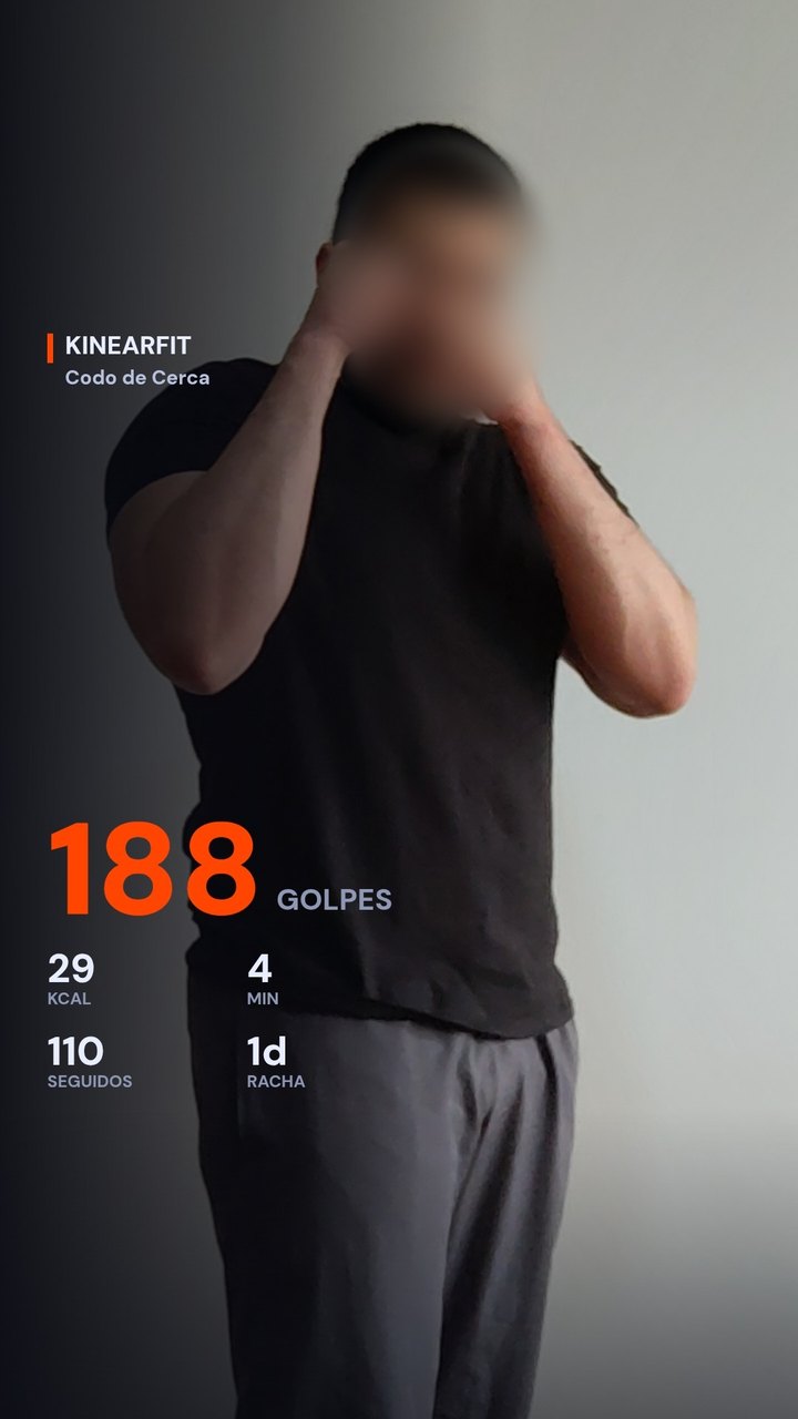 End-of-session selfie with punches, calories, time, punches in a row and streak. Face blurred.