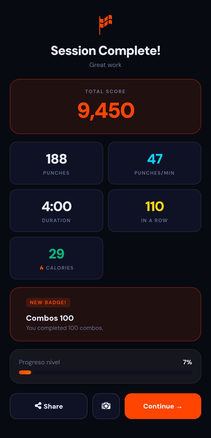 Session summary with punches, punches per minute, duration, punches in a row and calories
